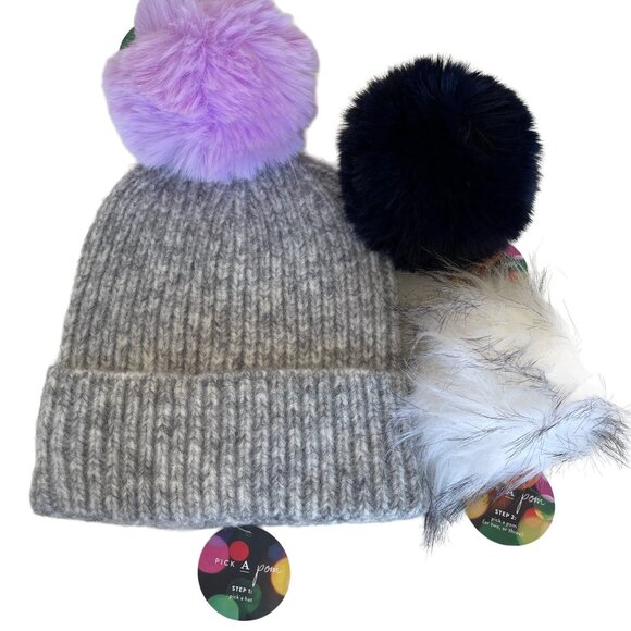 Anthropologie PickA Pom Beanie Stocking Hat Grey Set 3 Poms Blue White Plush NWT